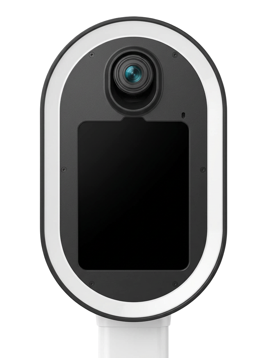 Oval white photo booth shell with a dark faceplate and camera above the iPad
